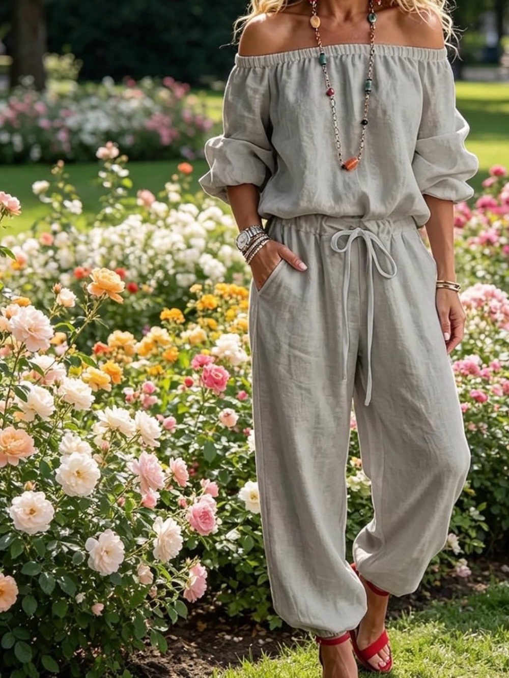 Gray Linen Off-Shoulder Jumpsuit S Pockets Elastic Drawstring Waist Jogger Sz M
